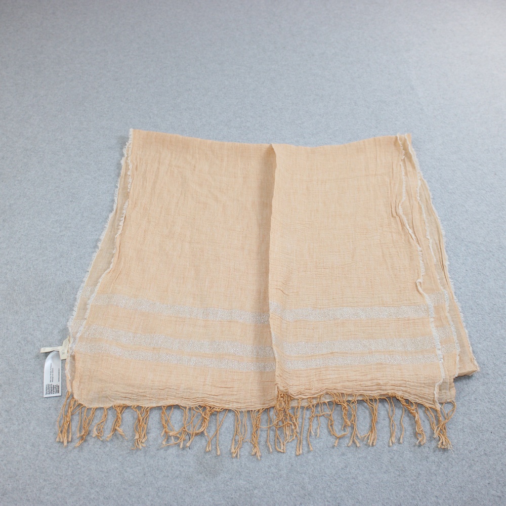 Eileen Fisher Scarf Women One Size Beige Stripe Fringe Lightweight Metallic Boho